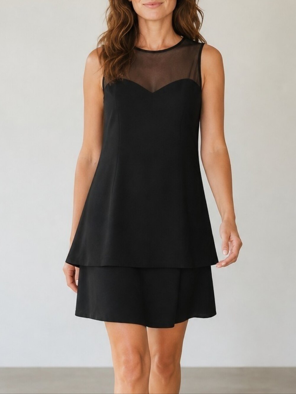 Vintage 80s Donna Ricco Black Mesh Yoke Layered Mini Dress Cocktail Party